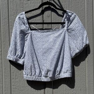 Everlane Square Neck Puff Sleeve Crop Top - Light Blue Eyelet